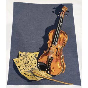Vtg 1970s Completed Needlepoint Violin Instrument Sheet Music Wall Hanging Decor